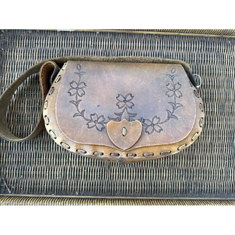 Vintage Leather Handbag Tooled Stamped Hand Made Structured Cow Hide